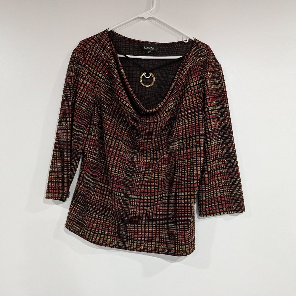 Lindor Sparkle Checkered 3/4 Sleeve Top with Built-in Necklace Red Black Size XL